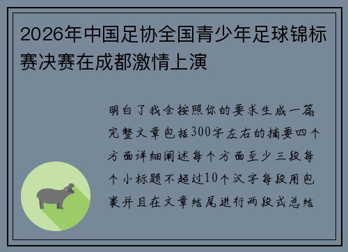 2026年中国足协全国青少年足球锦标赛决赛在成都激情上演
